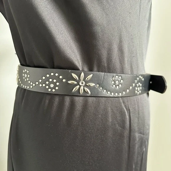 BELT Women Black Vegan Retro 80’s Hippie Boho Silver Studded 35-37 Waist EUC - Picture 9 of 11